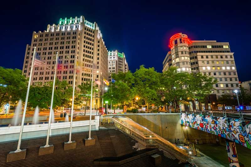 Stock photo of Bethesda cityscape at night with beautiful colors and water fountains.