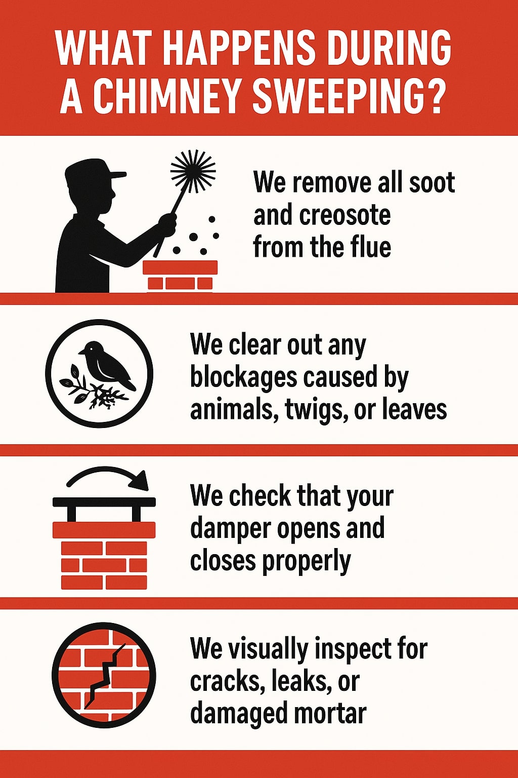 Original infographic with a red, black, and white color scheme titled “What Happens During a Chimney Sweeping?” in bold white text on a red background. It is divided into four sections, each with an icon and description. The first section shows a silhouette of a person cleaning a chimney with a brush and states, “We remove all soot and creosote from the flue.” The second section has a circular icon of a bird sitting on a branch and reads, “We clear out any blockages caused by animals, twigs, or leaves.” The third section displays a chimney with an arrow above it to represent movement and says, “We check that your damper opens and closes properly.” The fourth section has a circle enclosing a cracked brick wall and reads, “We visually inspect for cracks, leaks, or damaged mortar.” Each section is separated by red divider lines.